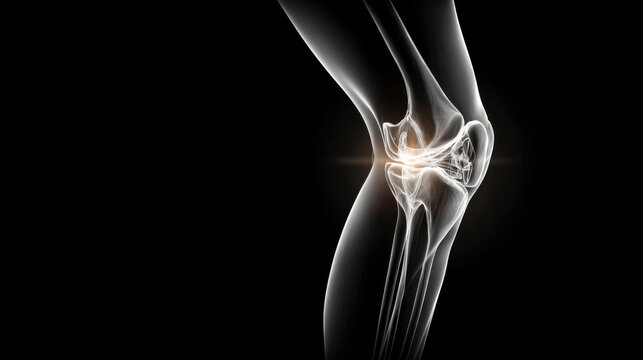 Medical illustration of a human knee joint, highlighting bones and ligaments. This image provides a detailed view of the knee, useful for medical education and patient communication