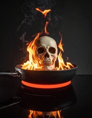 skeleton head burning in a Teflon pan