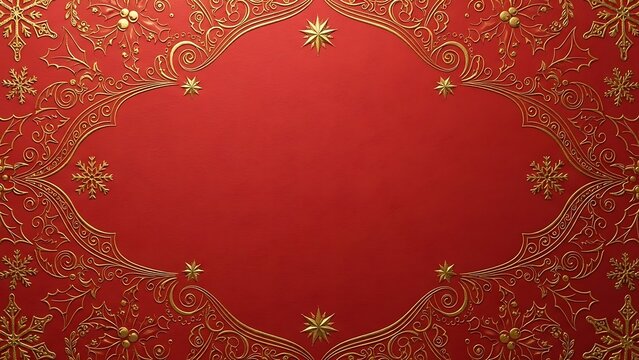 Ornate vintage red wallpaper background featuring a golden floral baroque frame and luxury gold ornament pattern for a festive Christmas holiday card or wedding invitation illustration design