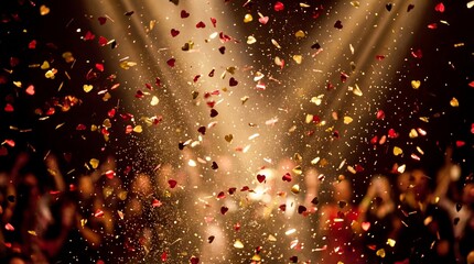 falling red and gold heart confetti against dark background with spotlight rays. romantic love concept for valentine's day or wedding. celebration party backdrop. banner, website header.
