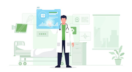 Innovative healthcare: Doctor using augmented reality in a modern hospital setting for data analysis