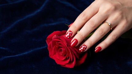 female hand with red manicure and heart design holding rose flower on blue velvet. gold engagement ring on finger. valentine's day romance concept. beauty salon, greeting card, banner with copyspace.