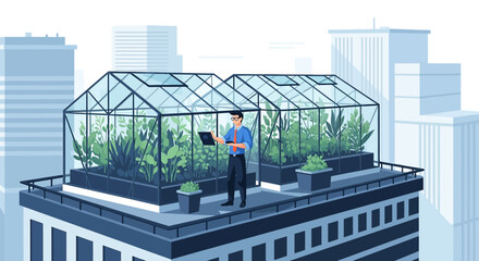 Innovative urban farming on rooftop greenhouses offering fresh produce in the cityscape environment