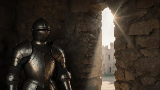 Knights Armor in Castle Archway with Sunlight and Distant Building.