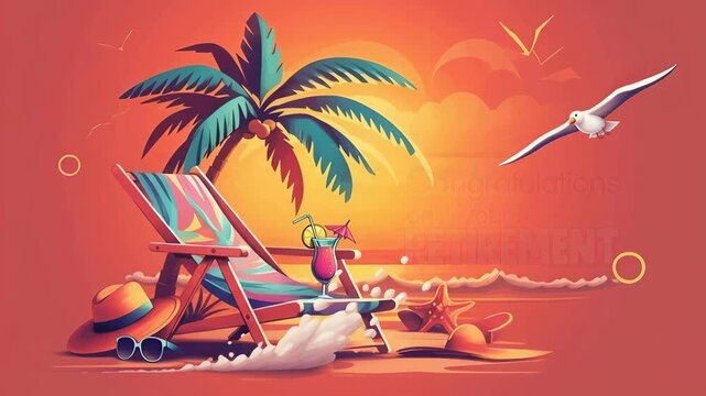 Retirement greeting with lounge chair, tropical palm and cocktail at sunset that evokes relaxation and celebration, with open gradient sky and clean area available for text or design elements suited t