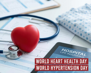 Stethoscope insurance patient hospital medic medicine doctor heart health awareness world hypertension day concept with medical document the Health insurance concept in hospital background