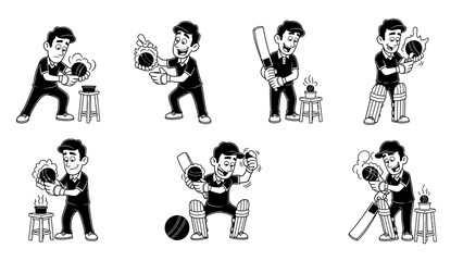 Fototapeta premium A series of black and white cartoon vector illustrations showcasing a male cricketer performing various actions related to batting and catching, with accompanying props