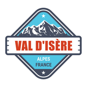 Val-d'Isere ski resort, French Alps emblem with snow-covered mountains, vector