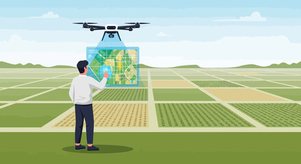 Modern agriculture management with drone technology for precision farming applications showing