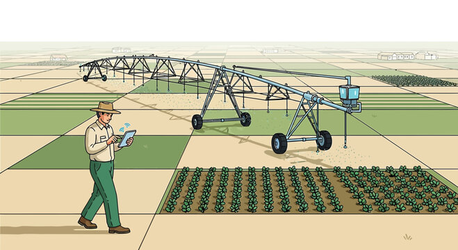 Modern agriculture illustration showcasing smart farming techniques using center pivot irrigation