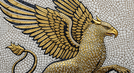 Close-up of a mosaic depicting a mythical creature with a bird's head, lion's body, and large golden wings. The intricate artwork is detailed