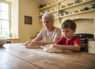 Fototapeta premium Elderly woman and kid kneading dough together on wooden kitchen table. Generational family activity, tradition, lifestyle.