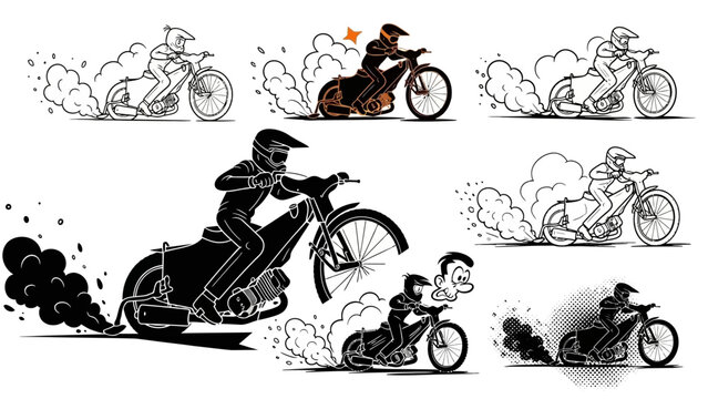 Powerful series of speedway motorbike illustrations, capturing riders in full throttle, surrounded by dust and smoke, perfect for motorsports and extreme sport themes