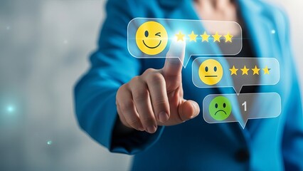 Businesswoman interacting with digital rating and review icons