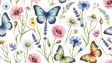 A seamless pattern of beautiful wildflowers and butterflies in a soft watercolor style, on a clear background