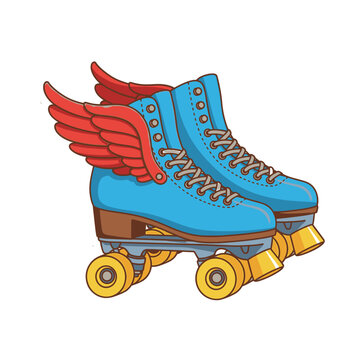 Blue Roller Skates with Red Wings, Cartoon Illustration Style