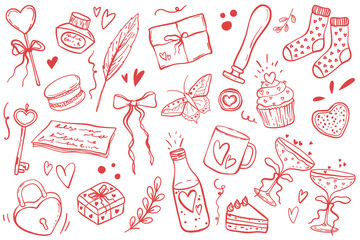 Hand drawn Valentines Day elements Collection. Vintage vector doodle illustrations Set. Cute hearts, ribbon, cake, sweets, love letter, bows, key, gift, stamp