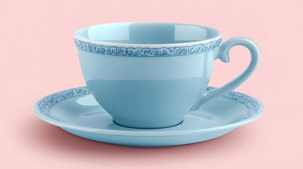 Light Blue Ceramic Tea Cup and Saucer Set with Detailed Design on Pink Background
