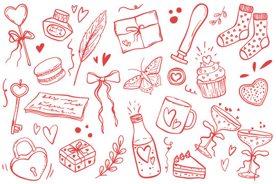 Hand drawn Valentines Day elements Collection. Vintage vector doodle illustrations Set. Cute hearts, ribbon, cake, sweets, love letter, bows, key, gift, stamp