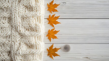 Cozy Autumn Comfort: A warm, knitted scarf rests beside vibrant orange maple leaves, creating a cozy autumn scene.