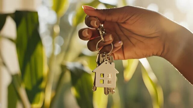 Hand holding house keys with keychain in the shape of a house