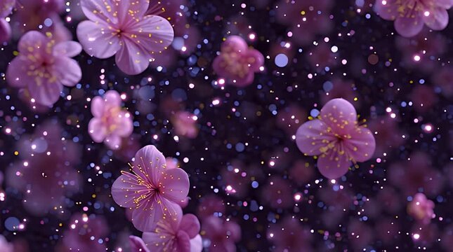 Blooming pink flowers amidst twinkling lights on a dark backdrop, dreamy and ethereal, suggestive of spring