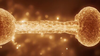 Microscopic view of two cells connecting through a bridge of energy.