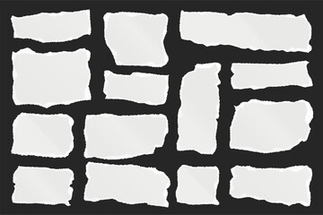 Ripped paper strips. Realistic crumpled paper scraps with torn edges. Shreds of notebook, book or old newspaper pages. Trendy collage elements. Vector illustration.