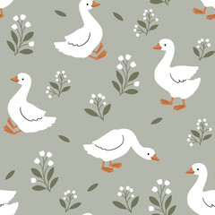 Seamless vector pattern with cute white goose. Hand drawn vector duck, with tiny flowers. Perfect for textile, wallpaper or nursery print design. 