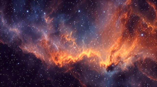 Celestial panorama featuring fiery orange gas clouds and dazzling blue stars against an expanse of dark space