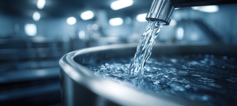 Close-up of Chilled Wort Flowing into Fermentation Vessel with Blurred Industrial Background