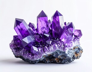 Fototapeta premium Cluster of Purple Amethyst Crystals on Dark Matrix Against White Backdrop