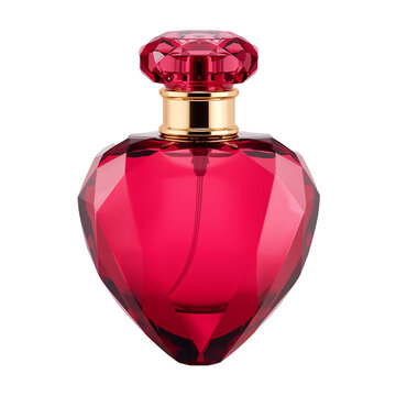 Elegant ruby red faceted perfume bottle with a golden neck and cap, transparent PNG cutout background