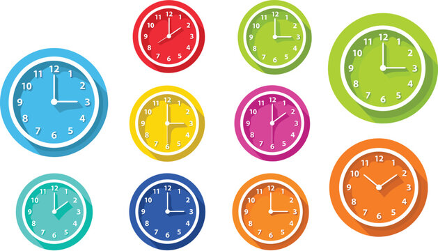 Vector illustration set of colorful analog clock face icons featuring various time displays and long shadow effects on a white background.