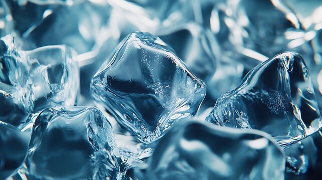 Macro Shot of Refreshing and CrystalClear Ice Cubes with Blue Tint, Extreme CloseUp