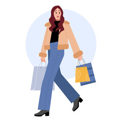 Happy Modern Woman Walking with Shopping Bags. Girl Carrying Purchases from Sale. Flat Vector Illustration.
