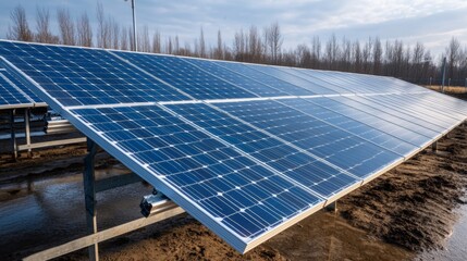 Solar Panels on Ground in Open Field with Cloudy Sky