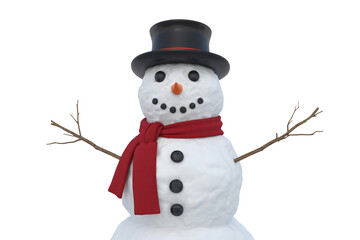 Snowman with top hat and red scarf in festive winter mood with soft natural lighting for holiday greeting cards