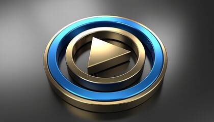Luxurious golden 3d play button icon, framed by a vibrant blue ring, rendered on a dark studio background.
