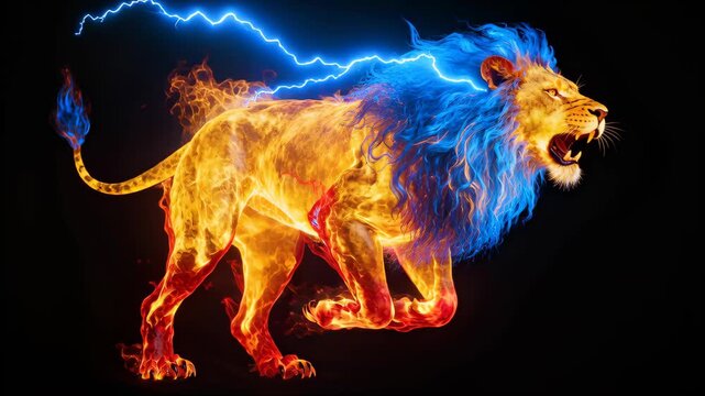 A dynamic depiction of a lion engulfed in flames with an electric blue mane, roaring powerfully. Lightning bolts strike from its mane, creating an intense and energetic scene on a dark backdrop.