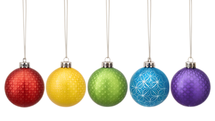 Five Colorful Glitter Christmas Ornaments isolated on transparent background