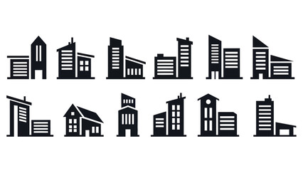 Obraz premium Collection of Architectural Buildings and Structures Illustrated in Black Silhouettes