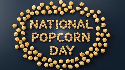 Delicious golden popped kernels artfully arranged on a dark background clearly spell out national popcorn day celebrating the popular snack food holiday with texture and light