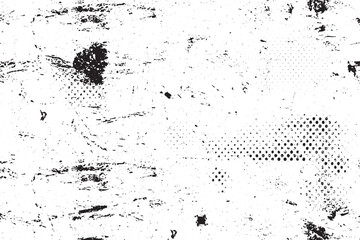 Black and White Grunge Texture with Halftone Dot Patterns and Distressed Scratches