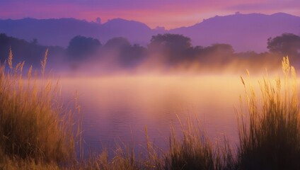 Fototapeta premium Misty Sunrise Over Golden Field with Distant Mountains.