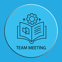 Team Meeting Icon with Open Book and Gear Graphic in Blue Circle