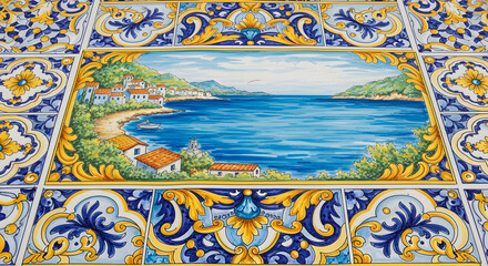 Close-up of a tiled surface depicting a coastal scene surrounded by ornate floral patterns. The central design is a seascape
