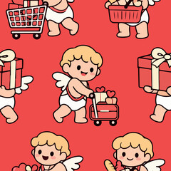 pattern with cupids with various carts and baskets with various products in them, for stickers, holiday printing or other thematic designs