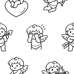 pattern with a set of cupid icons for Valentine's Day in line art style, for stickers, printing or other thematic designs