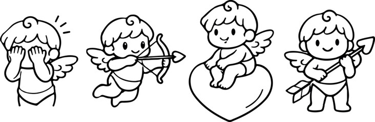 set of cupid icons for Valentine's Day in line art style, for stickers, printing or other thematic designs